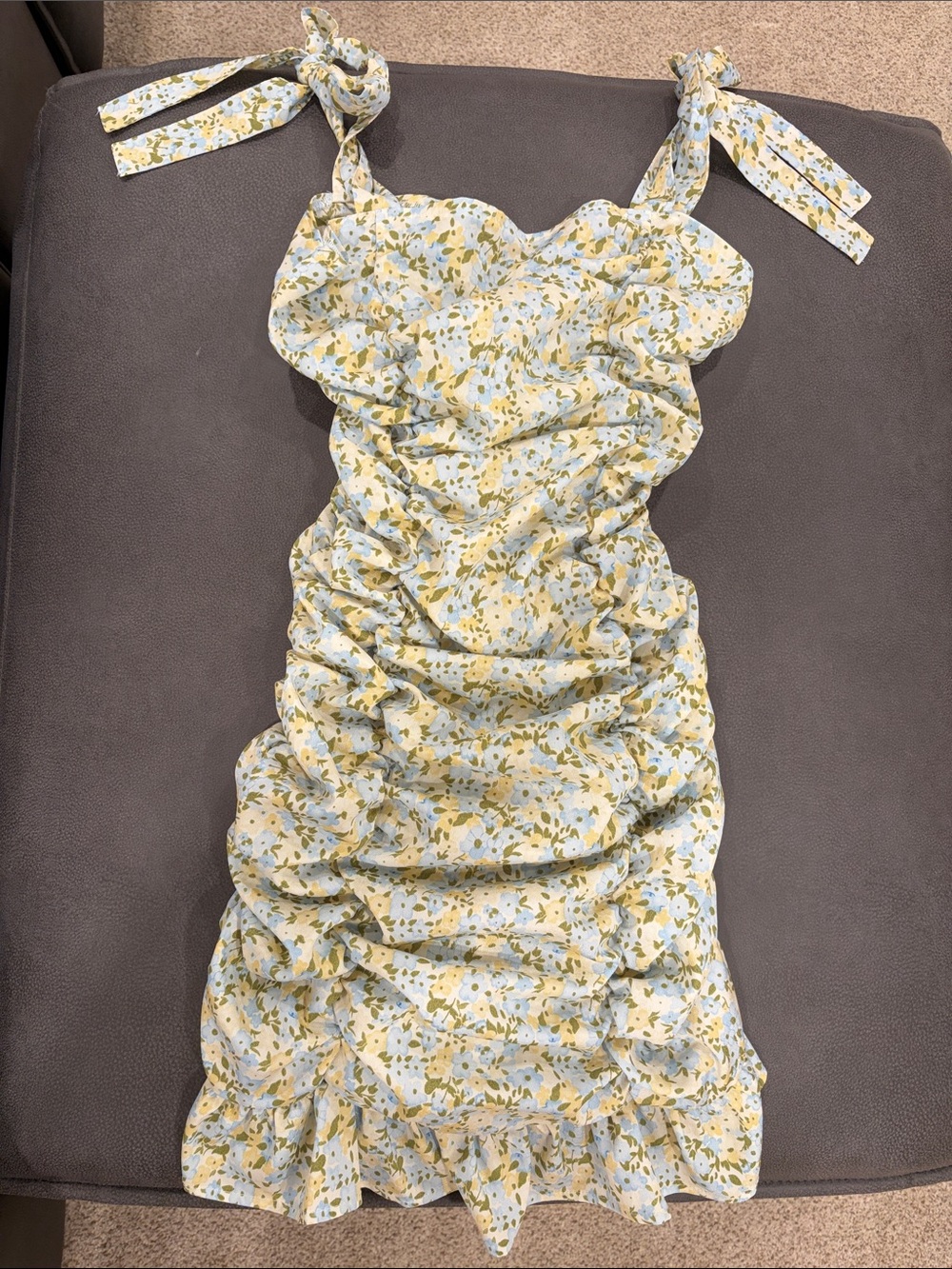 SHEIN Yellow & Light Blue Floral Ruched Tie-Shoulder Dress